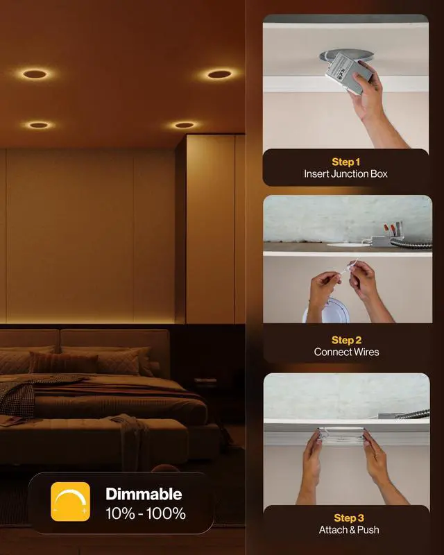 Alt view image 4 of 6 - Sunco 24 Pack 4 Inch LED Recessed Lights with Night Light, Slim Ceiling Lighting, 900 LM, 11W (110W Equiv), Selectable CCT 2700K/3000K/3500K/4000K/5000K, Dimmable, Canless with Junction Box ETL