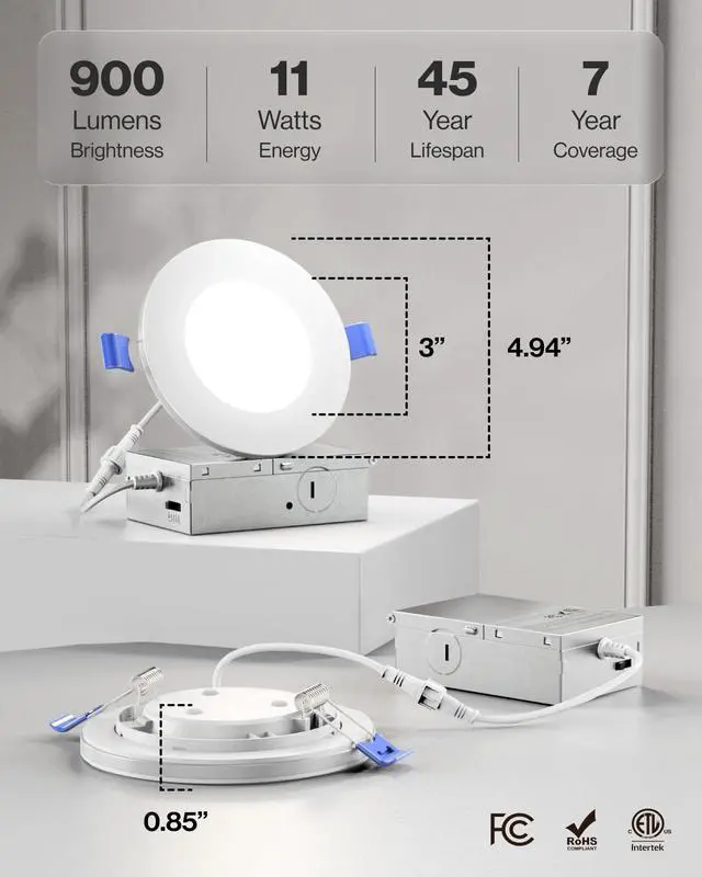 Alt view image 6 of 6 - Sunco 24 Pack 4 Inch LED Recessed Lights with Night Light, Slim Ceiling Lighting, 900 LM, 11W (110W Equiv), Selectable CCT 2700K/3000K/3500K/4000K/5000K, Dimmable, Canless with Junction Box ETL