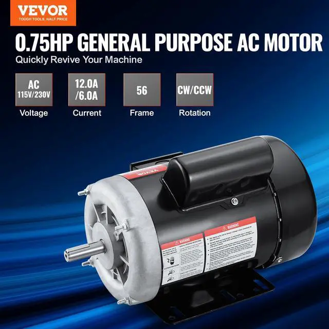 Alt view image 2 of 6 - 3/4HP Electric Motor 1725 RPM, AC 115V/230V, 56 Frame, Air Compressor Motor Single Phase, 5/8" Keyed Shaft, CW/CCW Rotation for Agricultural Machinery and General Equipment