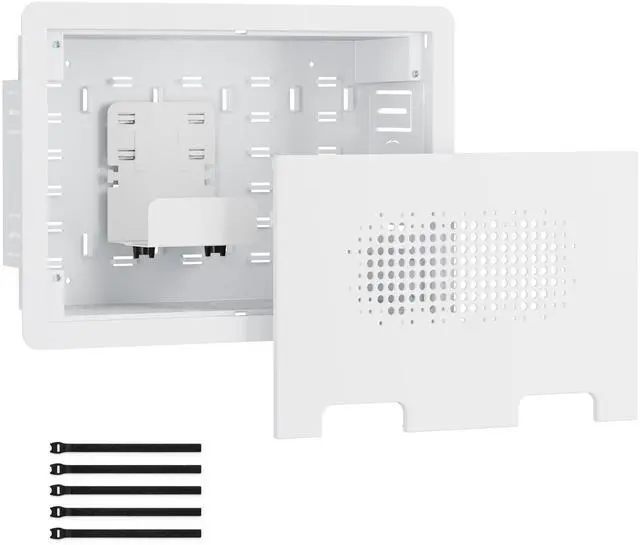Main image of 9" Recessed in-Wall Media Box for TV Flush Wall AV Enclosure with Adjustable Shelf, Cable Straps & Vented Cover Compatible with Apple TV, Roku & More - Pack of 4