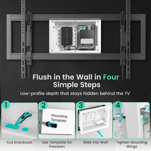 Alt view image 5 of 6 - 9" Recessed in-Wall Media Box for TV Flush Wall AV Enclosure with Adjustable Shelf, Cable Straps & Vented Cover Compatible with Apple TV, Roku & More - Pack of 4