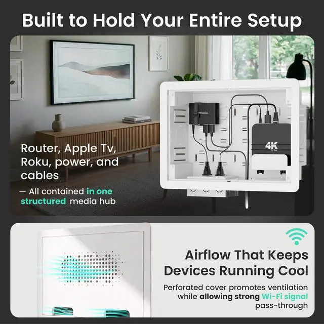 Alt view image 6 of 6 - 9" Recessed in-Wall Media Box for TV Flush Wall AV Enclosure with Adjustable Shelf, Cable Straps & Vented Cover Compatible with Apple TV, Roku & More - Pack of 4