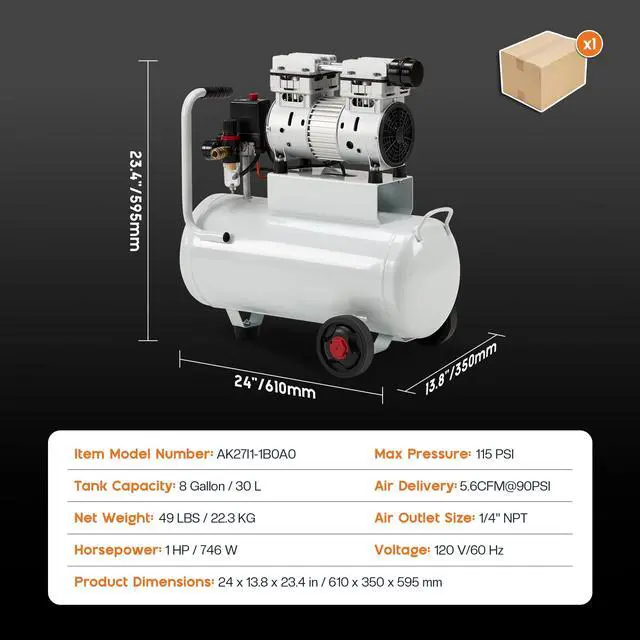 Alt view image 2 of 6 - 8 Gallon Oil-Free Air Compressor with Automatic Drain Valve | 1 HP Wheeled Tank Portable Garage Air Supply 70 dB Noise Level Pneumatic Tool Tire Inflation Use