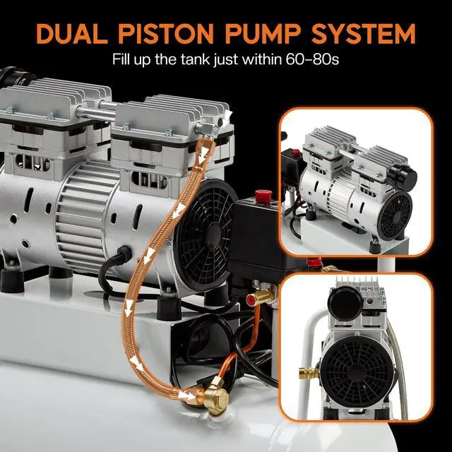 Alt view image 4 of 6 - 8 Gallon Oil-Free Air Compressor with Automatic Drain Valve | 1 HP Wheeled Tank Portable Garage Air Supply 70 dB Noise Level Pneumatic Tool Tire Inflation Use