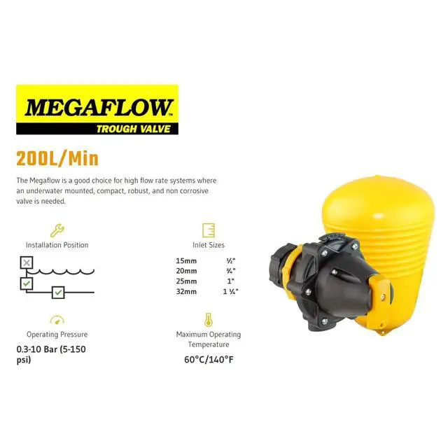 Alt view image 2 of 6 - J-MFV0075DLT 82026 Megaflow Valve 3/4", Yellow/Black High Flow Float Valve for Livestock Water Troughs, Up to 90 GPM, Underwater Mount, GF Nylon Construction