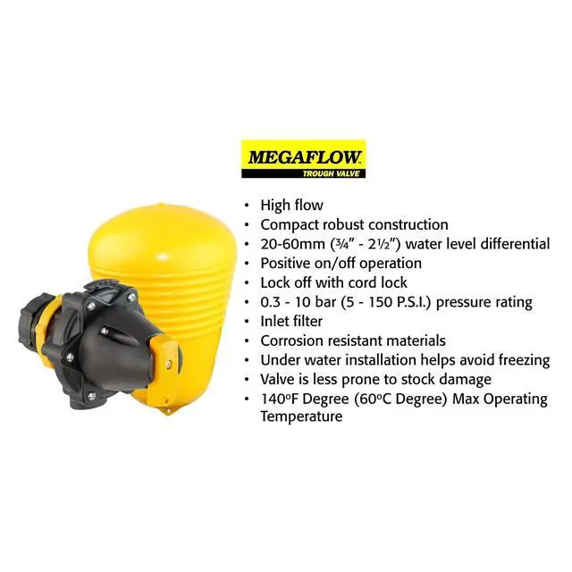 Alt view image 3 of 6 - J-MFV0075DLT 82026 Megaflow Valve 3/4", Yellow/Black High Flow Float Valve for Livestock Water Troughs, Up to 90 GPM, Underwater Mount, GF Nylon Construction
