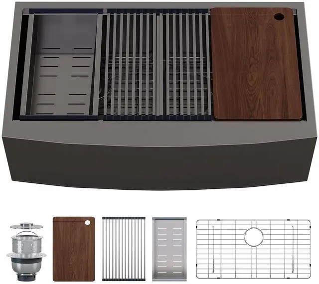 Main image of 36" x 22" Farmhouse Sink Workstation, 16 Gauge Stainless Steel Apron Front Kitchen Sink, Deep Single Bowl Farm Sink with Cutting Board, Roll-Up Rack, Drying Rack and Drain Assembly