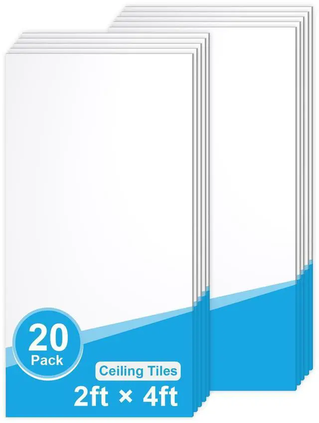 Main image of 20 PCS 2x4 FT White Ceiling Tiles, 24x48 Inch PVC Waterproof Smooth Drop Ceiling Panels Fire-Rated Reusable Ideal for Bedroom Living Room Basement Bathroom Commercial Space Cover 192 Sq.Ft