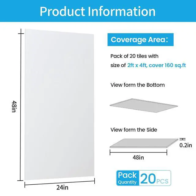 Alt view image 2 of 6 - 20 PCS 2x4 FT White Ceiling Tiles, 24x48 Inch PVC Waterproof Smooth Drop Ceiling Panels Fire-Rated Reusable Ideal for Bedroom Living Room Basement Bathroom Commercial Space Cover 192 Sq.Ft