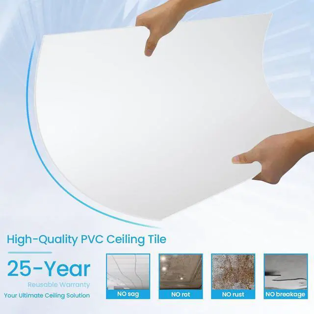 Alt view image 3 of 6 - 20 PCS 2x4 FT White Ceiling Tiles, 24x48 Inch PVC Waterproof Smooth Drop Ceiling Panels Fire-Rated Reusable Ideal for Bedroom Living Room Basement Bathroom Commercial Space Cover 192 Sq.Ft