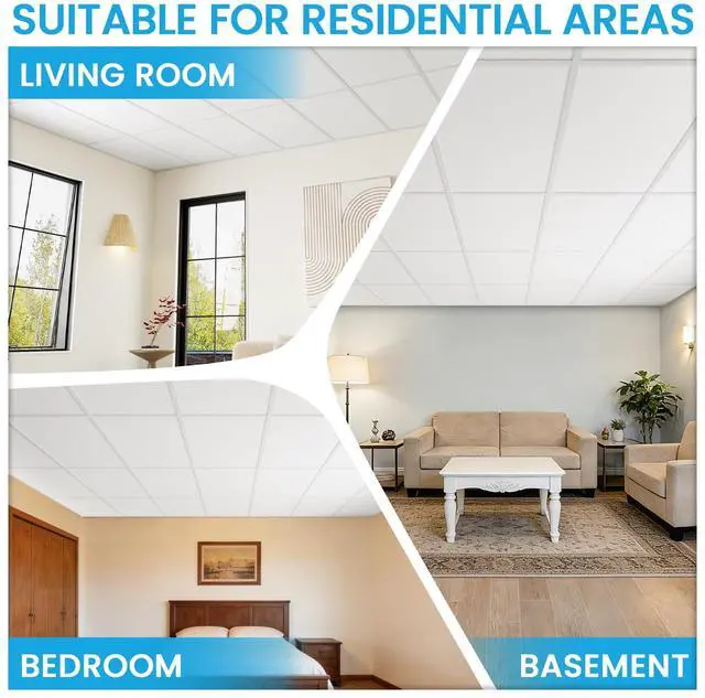 Alt view image 5 of 6 - 20 PCS 2x4 FT White Ceiling Tiles, 24x48 Inch PVC Waterproof Smooth Drop Ceiling Panels Fire-Rated Reusable Ideal for Bedroom Living Room Basement Bathroom Commercial Space Cover 192 Sq.Ft