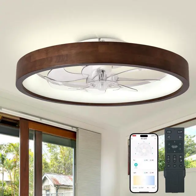 Main image of 20 Ceiling Fans with Lights,3 Color Dimmable LED,6 Speeds,Reversible Modern Dark Wooden Flush Mount Low Profile Ceiling Fans with Lights and Remote for Bedroom/Kidsroom/Dinng Room