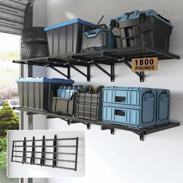 Main image of Fold-Down 2x6ft Garage Wall Shelving, 2-Pack Heavy Duty Folding Garage Shelving Wall Mounted, 1800 lbs Capacity, Storage for Power Tools, Garden Supplies & Seasonal Storage, Lite Series