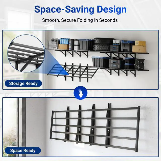 Alt view image 3 of 6 - Fold-Down 2x6ft Garage Wall Shelving, 2-Pack Heavy Duty Folding Garage Shelving Wall Mounted, 1800 lbs Capacity, Storage for Power Tools, Garden Supplies & Seasonal Storage, Lite Series