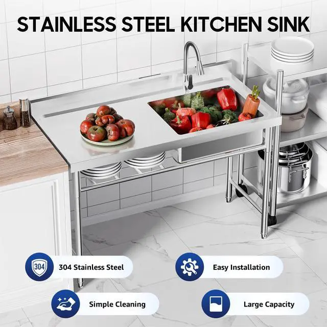 Alt view image 2 of 6 - Free Standing Stainless Steel Prep & Utility Sink Single Bowl Commercial Kitchen Sink w/Workbench, Outdoor Sink (Single Bowl w/Shelf)