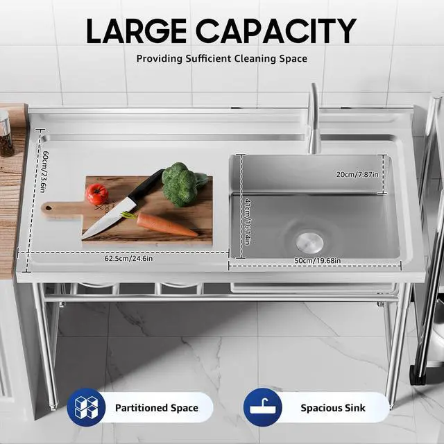 Alt view image 3 of 6 - Free Standing Stainless Steel Prep & Utility Sink Single Bowl Commercial Kitchen Sink w/Workbench, Outdoor Sink (Single Bowl w/Shelf)