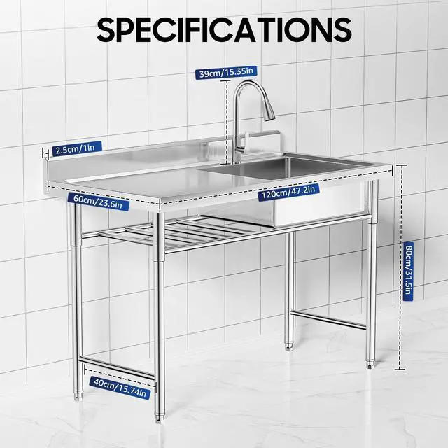 Alt view image 4 of 6 - Free Standing Stainless Steel Prep & Utility Sink Single Bowl Commercial Kitchen Sink w/Workbench, Outdoor Sink (Single Bowl w/Shelf)