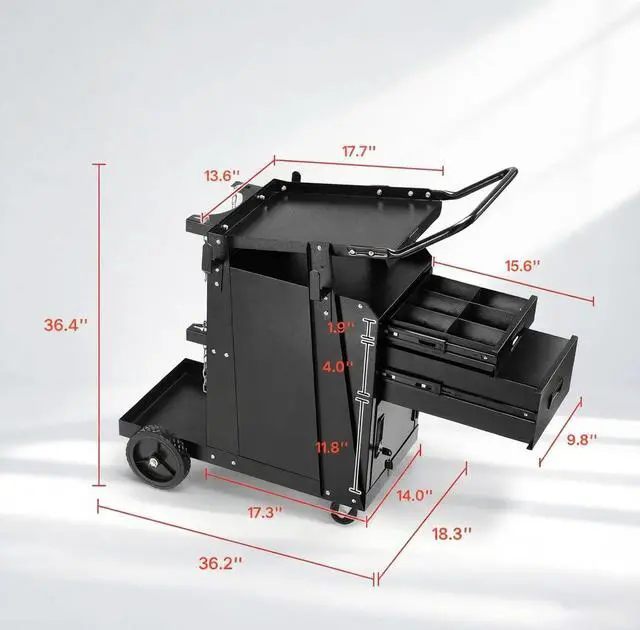 Alt view image 2 of 6 - Welding Cart, 2-Tier Heavy Duty Welder Cart with 2 Drawers & Lockable Cabinet, 350LBS Load Capacity, Dual Cylinder Slots & Safety Chains, 360° Swivel Wheels for MIG Welder & Plasma Cutter