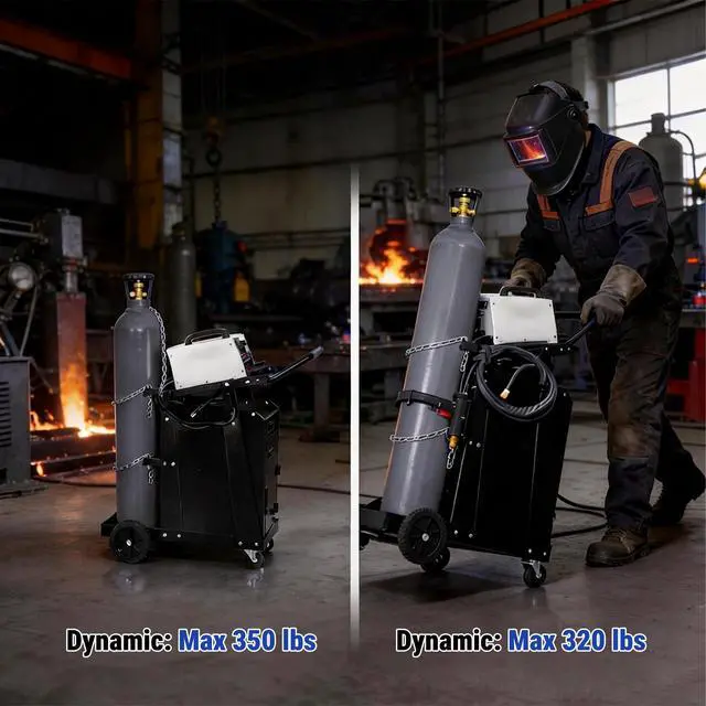 Alt view image 3 of 6 - Welding Cart, 2-Tier Heavy Duty Welder Cart with 2 Drawers & Lockable Cabinet, 350LBS Load Capacity, Dual Cylinder Slots & Safety Chains, 360° Swivel Wheels for MIG Welder & Plasma Cutter