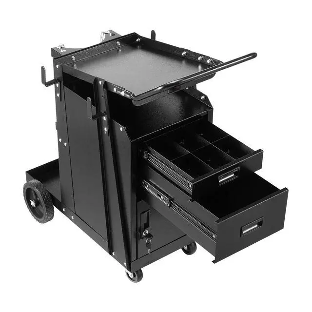 Alt view image 4 of 6 - Welding Cart, 2-Tier Heavy Duty Welder Cart with 2 Drawers & Lockable Cabinet, 350LBS Load Capacity, Dual Cylinder Slots & Safety Chains, 360° Swivel Wheels for MIG Welder & Plasma Cutter