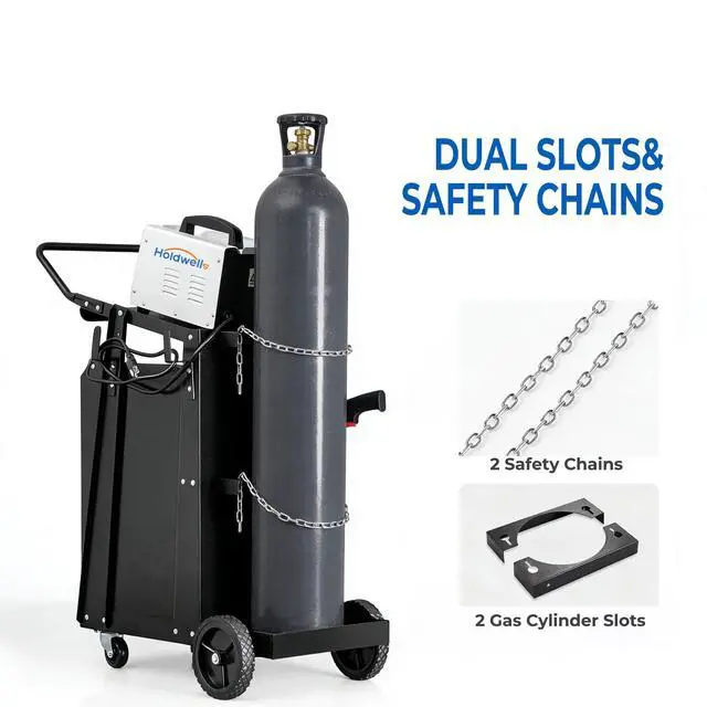 Alt view image 5 of 6 - Welding Cart, 2-Tier Heavy Duty Welder Cart with 2 Drawers & Lockable Cabinet, 350LBS Load Capacity, Dual Cylinder Slots & Safety Chains, 360° Swivel Wheels for MIG Welder & Plasma Cutter