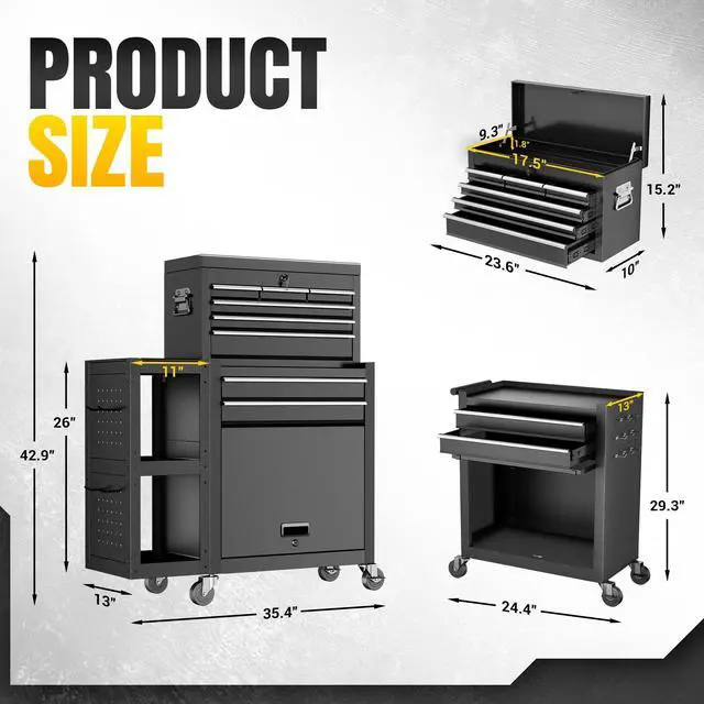 Alt view image 3 of 6 - 8-Drawer Rolling Tool Chest, 3-in-1 Modular Tool Box | Metal Cabinet with Wheels, Detachable Top Toolbox, Bottom Storage and Side Tool Organizer for Garage, Workshop Repair Room
