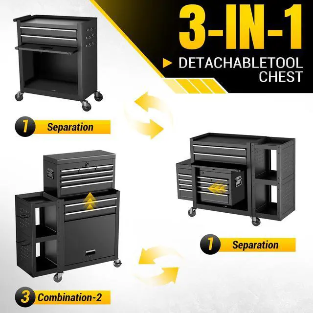 Alt view image 4 of 6 - 8-Drawer Rolling Tool Chest, 3-in-1 Modular Tool Box | Metal Cabinet with Wheels, Detachable Top Toolbox, Bottom Storage and Side Tool Organizer for Garage, Workshop Repair Room