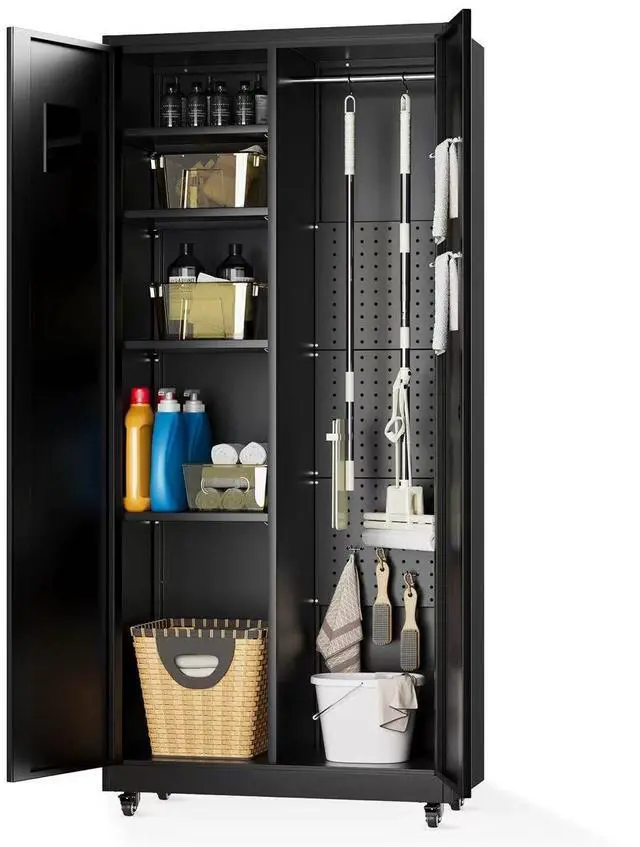 Main image of Metal Broom Closet, Garage Storage Cabinet, Tool Chest Bathroom Cabinet with Locking Doors and Wheels, 72" Tall Utility Cabinet with Hanging Rod, Freestanding Storage Cabinet for Cleaning Supplies