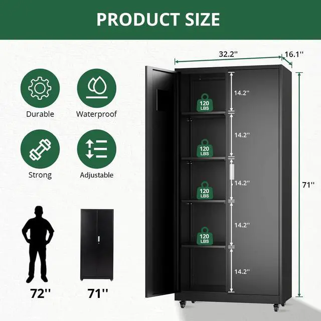 Alt view image 3 of 6 - Metal Broom Closet, Garage Storage Cabinet, Tool Chest Bathroom Cabinet with Locking Doors and Wheels, 72" Tall Utility Cabinet with Hanging Rod, Freestanding Storage Cabinet for Cleaning Supplies