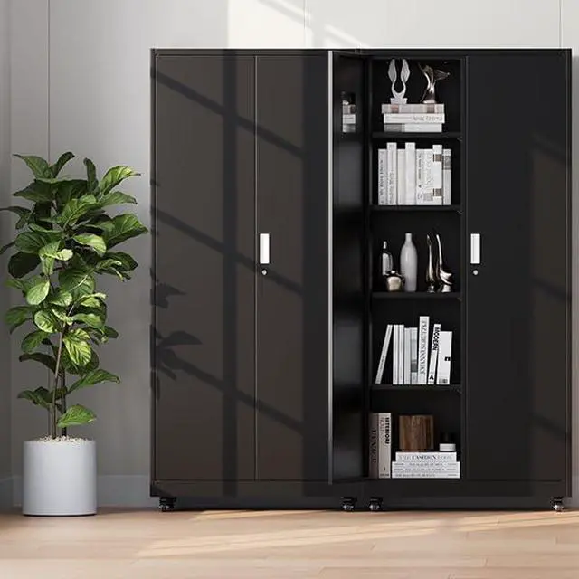 Alt view image 4 of 6 - Metal Broom Closet, Garage Storage Cabinet, Tool Chest Bathroom Cabinet with Locking Doors and Wheels, 72" Tall Utility Cabinet with Hanging Rod, Freestanding Storage Cabinet for Cleaning Supplies