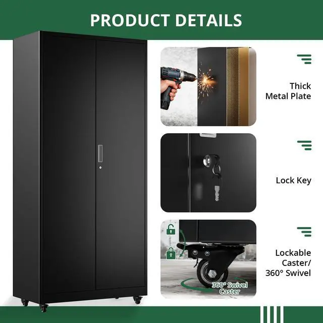 Alt view image 5 of 6 - Metal Broom Closet, Garage Storage Cabinet, Tool Chest Bathroom Cabinet with Locking Doors and Wheels, 72" Tall Utility Cabinet with Hanging Rod, Freestanding Storage Cabinet for Cleaning Supplies
