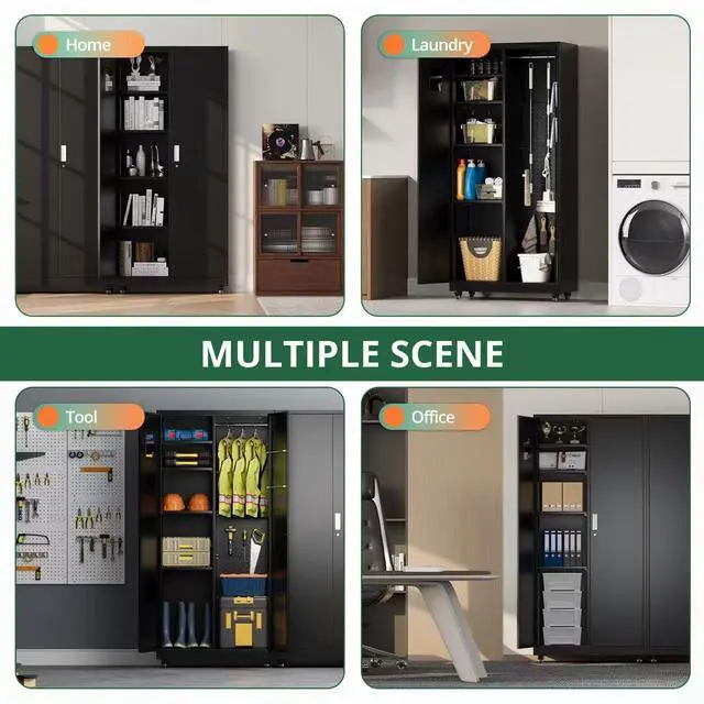 Alt view image 6 of 6 - Metal Broom Closet, Garage Storage Cabinet, Tool Chest Bathroom Cabinet with Locking Doors and Wheels, 72" Tall Utility Cabinet with Hanging Rod, Freestanding Storage Cabinet for Cleaning Supplies