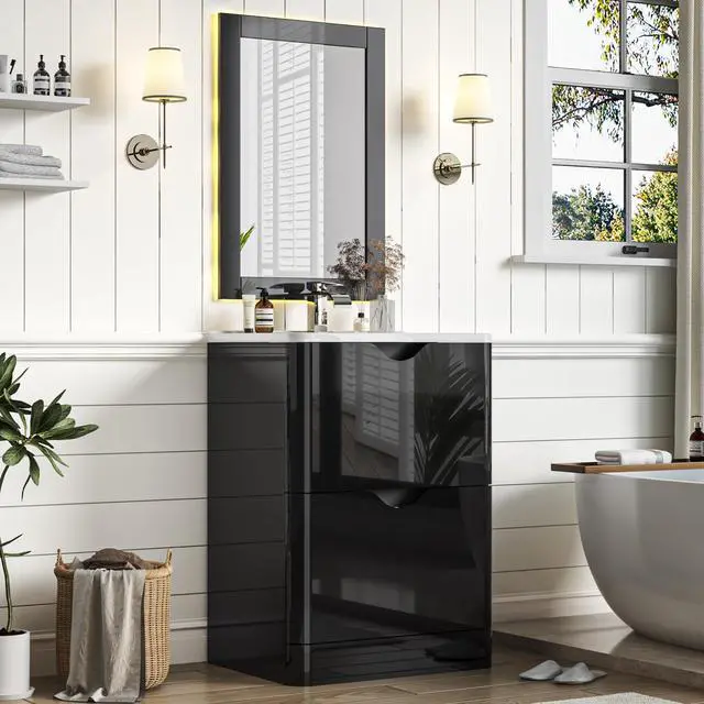 Main image of 24" Modern High Gloss Bathroom Vanity with Sink Combo,Mirror, Faucet Set, Freestanding Bath Vanities Sink Cabinet w/2 Drawers,Integrated Ceramic Sink for Small Space, Apartment,Black