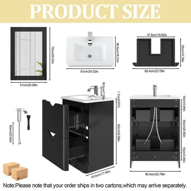 Alt view image 2 of 6 - 24" Modern High Gloss Bathroom Vanity with Sink Combo,Mirror, Faucet Set, Freestanding Bath Vanities Sink Cabinet w/2 Drawers,Integrated Ceramic Sink for Small Space, Apartment,Black