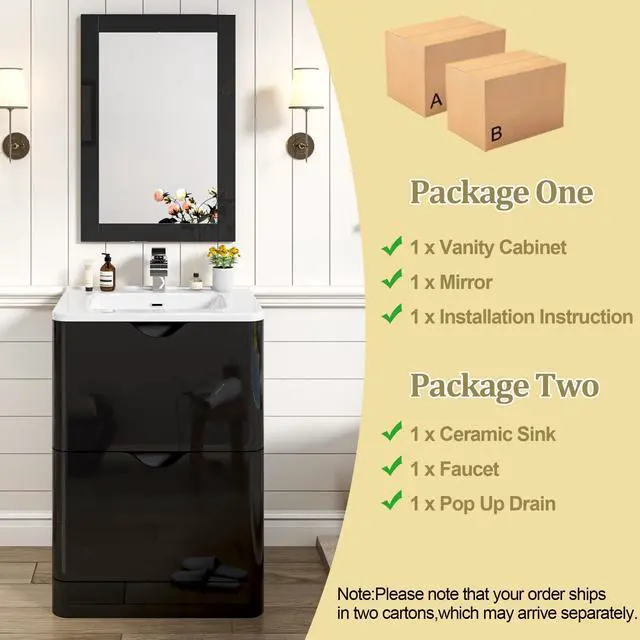 Alt view image 3 of 6 - 24" Modern High Gloss Bathroom Vanity with Sink Combo,Mirror, Faucet Set, Freestanding Bath Vanities Sink Cabinet w/2 Drawers,Integrated Ceramic Sink for Small Space, Apartment,Black