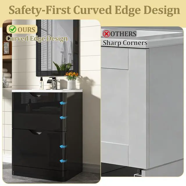Alt view image 5 of 6 - 24" Modern High Gloss Bathroom Vanity with Sink Combo,Mirror, Faucet Set, Freestanding Bath Vanities Sink Cabinet w/2 Drawers,Integrated Ceramic Sink for Small Space, Apartment,Black