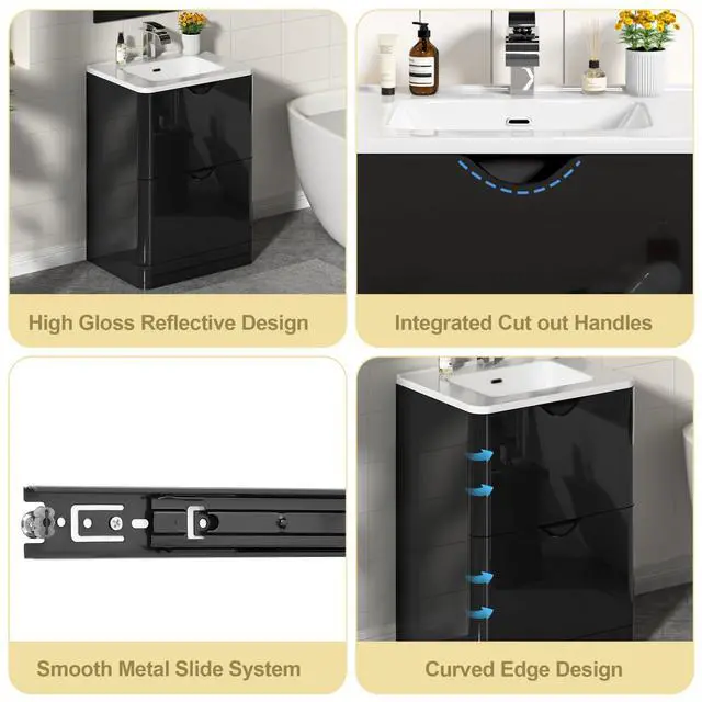 Alt view image 6 of 6 - 24" Modern High Gloss Bathroom Vanity with Sink Combo,Mirror, Faucet Set, Freestanding Bath Vanities Sink Cabinet w/2 Drawers,Integrated Ceramic Sink for Small Space, Apartment,Black