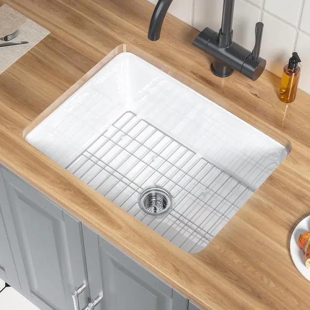Main image of White Fireclay Undermount Kitchen Sink 24 Inch for Kitchen, Island, Laundry | Single Bowl Small Topmount White Undermount Laundry Sink 24''x19''x11'' Drop In, Heavy Duty Deep Basin, Dual Mount