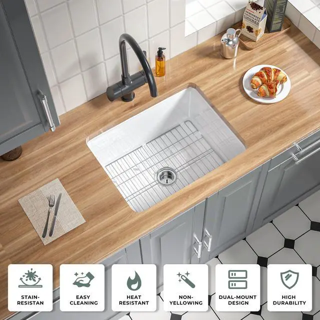 Alt view image 2 of 3 - White Fireclay Undermount Kitchen Sink 24 Inch for Kitchen, Island, Laundry | Single Bowl Small Topmount White Undermount Laundry Sink 24''x19''x11'' Drop In, Heavy Duty Deep Basin, Dual Mount