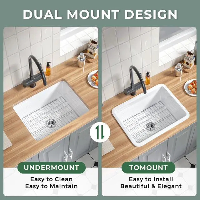 Alt view image 3 of 3 - White Fireclay Undermount Kitchen Sink 24 Inch for Kitchen, Island, Laundry | Single Bowl Small Topmount White Undermount Laundry Sink 24''x19''x11'' Drop In, Heavy Duty Deep Basin, Dual Mount