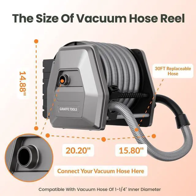 Alt view image 2 of 6 - Vacuum Hose Reel with 30ft Extension Retractable Hose, 1-1/4'' Wall Mount Vacuum Replaceable Hose Suitable for 32mm Wet Dry Vacuums Cleaner