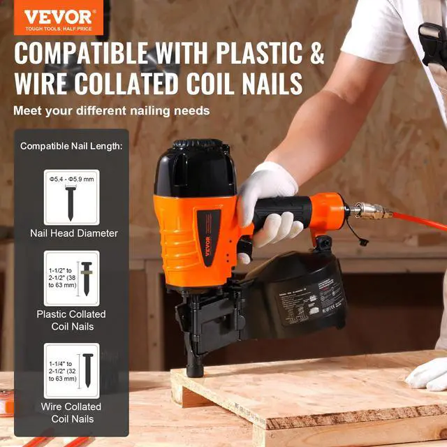 Alt view image 2 of 6 - Coil Siding Nailer CN65, 1-1/4" to 2-1/2" 15 Degree Pneumatic Siding Nail Gun with Tool-Less Depth Adjustment, 70-120PSI Air Coil Nailer for Siding, Pallet Sheathing, Wooding, Fencing, Decking