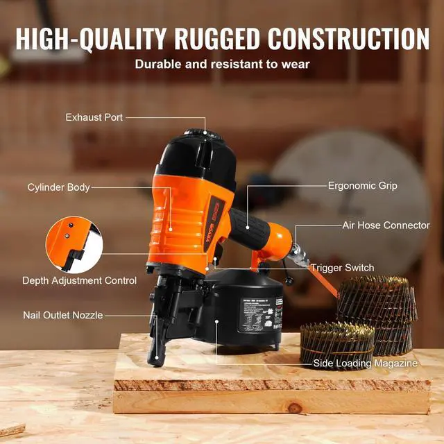Alt view image 5 of 6 - Coil Siding Nailer CN65, 1-1/4" to 2-1/2" 15 Degree Pneumatic Siding Nail Gun with Tool-Less Depth Adjustment, 70-120PSI Air Coil Nailer for Siding, Pallet Sheathing, Wooding, Fencing, Decking