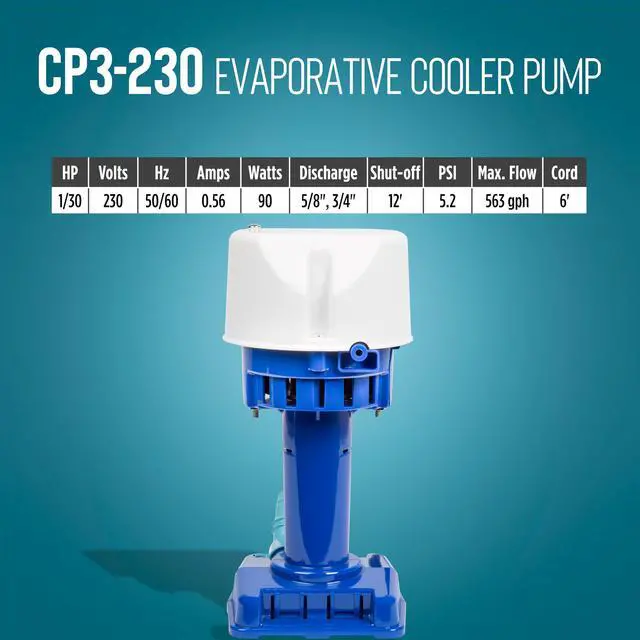 Alt view image 6 of 6 - CP3-230 1/30 HP, 230 Volt, 563 GPH, Evaporative Cooler Pump with 6-Ft. Cord and 3-Prong Plug, Blue, 542015
