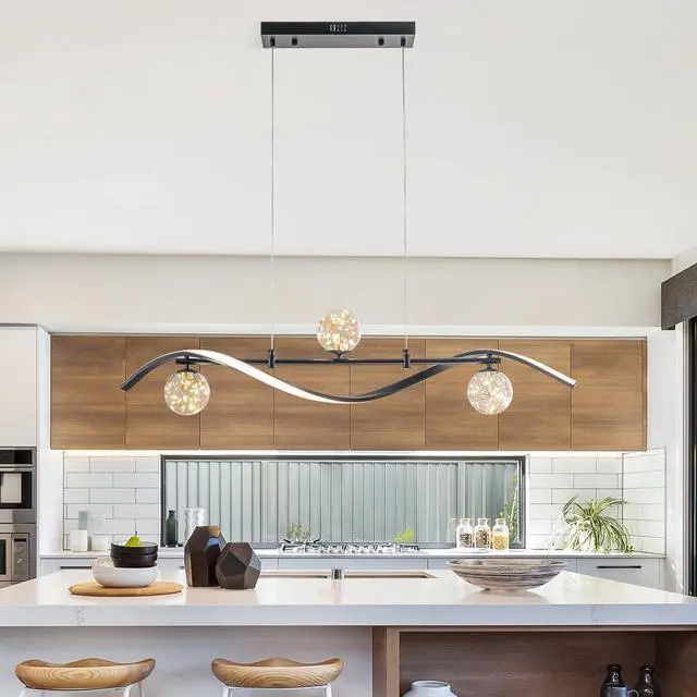 Alt view image 5 of 6 - Modern Kitchen Island Lighting, Dimmable LED Linear Pendant Light Fixture with Glass Globes, 4-Light Black Dining Room Chandelier for Kitchen Island Dining Table