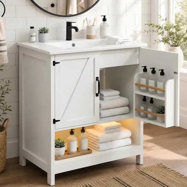 Main image of 30 Inch Bathroom Vanity with Sink, Farmhouse Bathroom Vanity with Drawers & Open Storage Shelf, Bathroom Cabinet with Ceramic Sink, LED Light, White