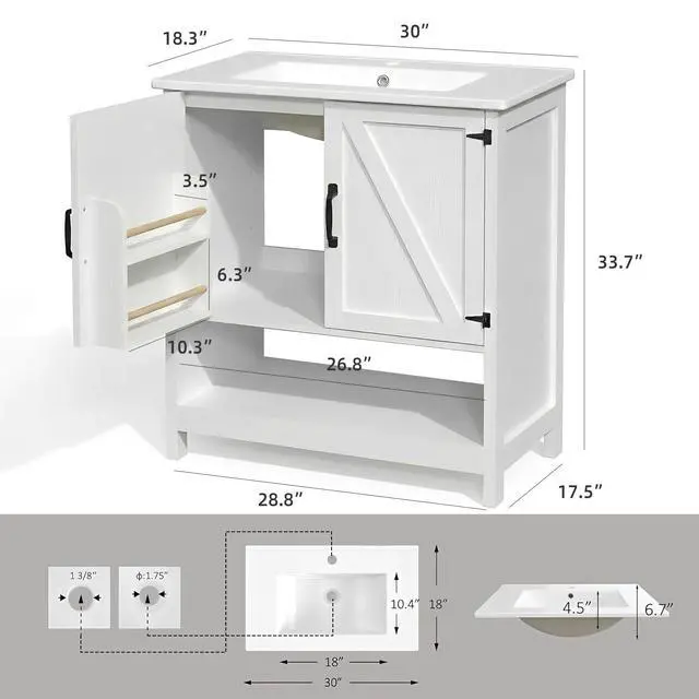 Alt view image 2 of 6 - 30 Inch Bathroom Vanity with Sink, Farmhouse Bathroom Vanity with Drawers & Open Storage Shelf, Bathroom Cabinet with Ceramic Sink, LED Light, White