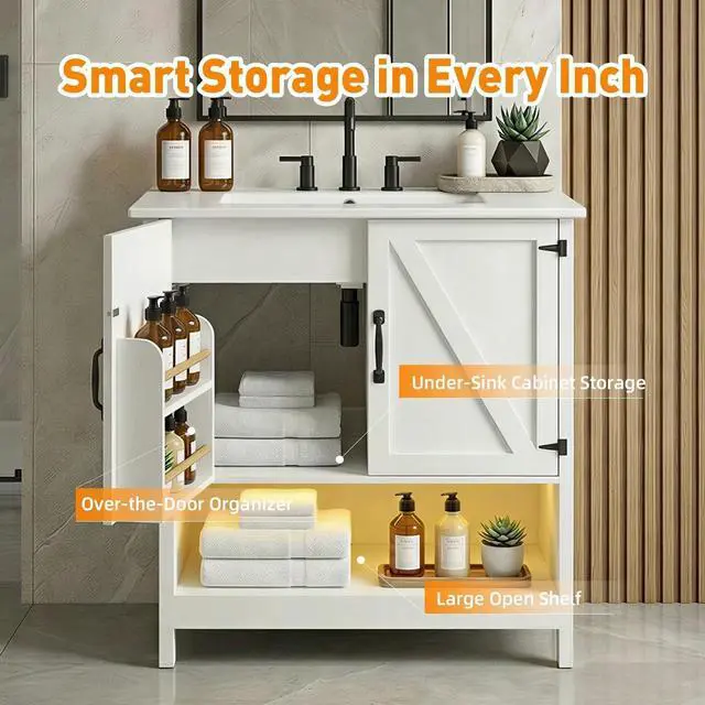 Alt view image 3 of 6 - 30 Inch Bathroom Vanity with Sink, Farmhouse Bathroom Vanity with Drawers & Open Storage Shelf, Bathroom Cabinet with Ceramic Sink, LED Light, White