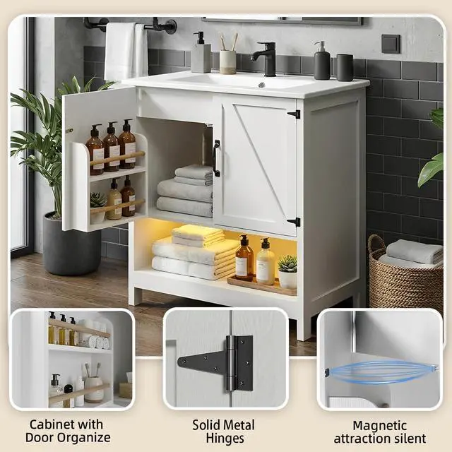 Alt view image 4 of 6 - 30 Inch Bathroom Vanity with Sink, Farmhouse Bathroom Vanity with Drawers & Open Storage Shelf, Bathroom Cabinet with Ceramic Sink, LED Light, White