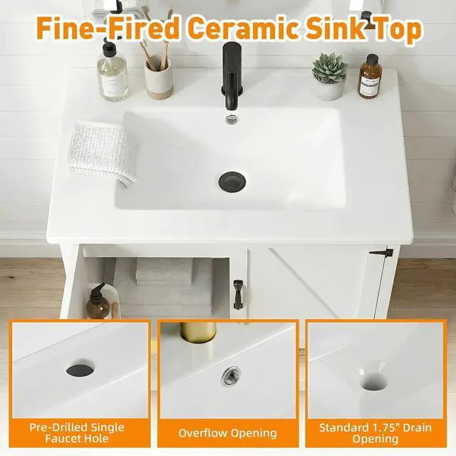 Alt view image 6 of 6 - 30 Inch Bathroom Vanity with Sink, Farmhouse Bathroom Vanity with Drawers & Open Storage Shelf, Bathroom Cabinet with Ceramic Sink, LED Light, White